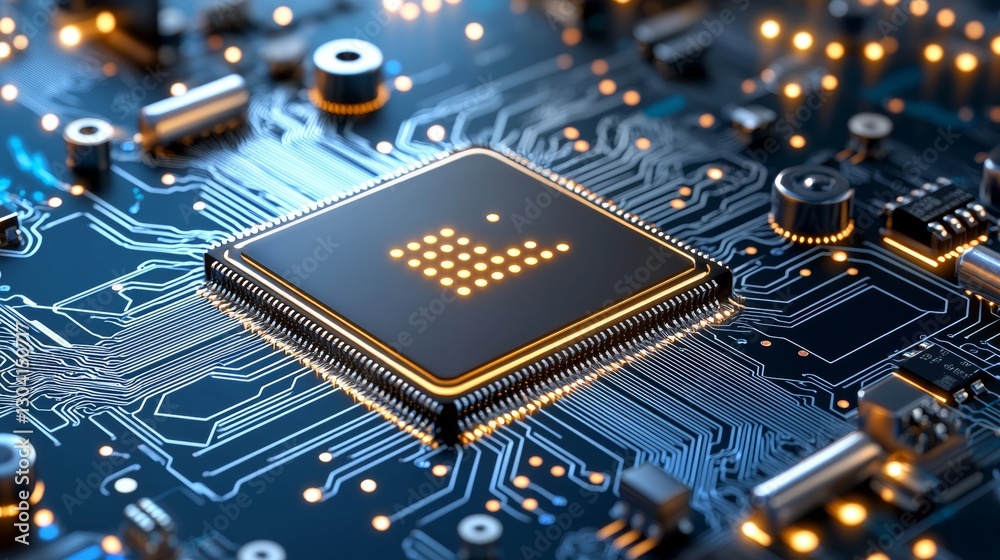 Poster innovative technology event showcasing microchip development modern electronics lab high-tech imager
