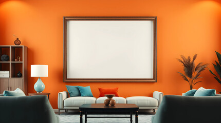 mockup frame in warm terracotta and cool teal hues within a living room setting, displaying a stark contrast and intricate details