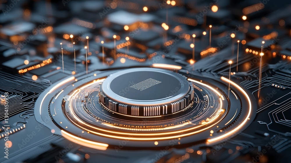 Poster dynamic circuit board design showcasing advanced microchip technology futuristic lab setting digital