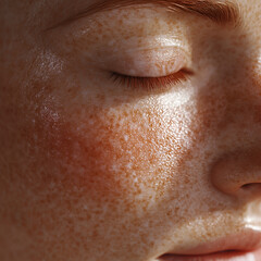 Fototapeta premium Close-up hyper-realistic skin under UV light, showing sun damage, freckles, fine lines, pigmentation, ultra-detailed dermatology analysis, futuristic skincare research, professional aesthetic 
