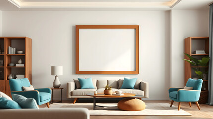terracotta and teal mockup frame in a living room interior