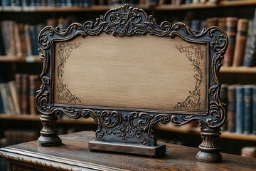 Ornate Wooden Sign in Library