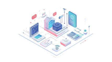 Isometric illustration depicting a smart home system.  The image features a stylized house model at the center, surrounded by various technological devices including a smartphone, laptop,