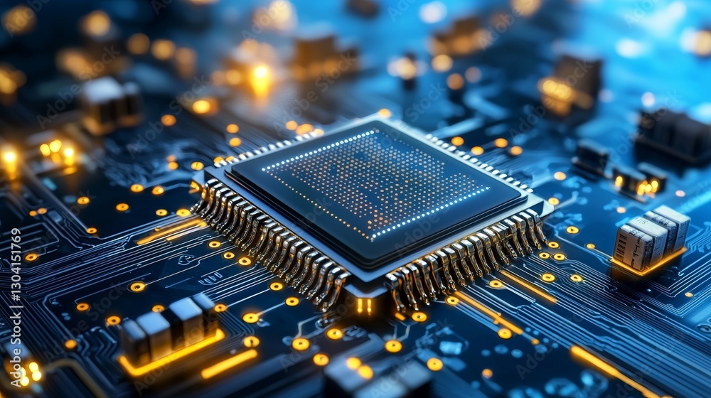 Poster exploring cutting-edge technology digital microchip circuitry high-tech environment close-up view in