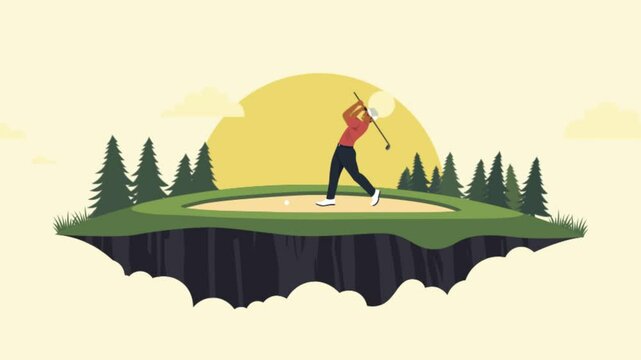 Footage of Man Golfer Player Character Playing Golf Sport on the Field Landscape at Sunset Sunrise