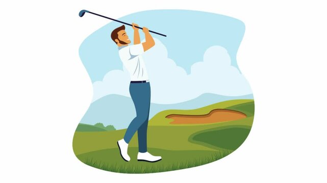 Footage of Man Golfer Sport Player Character Swinging Golf Stick on the Field in Bright Sky