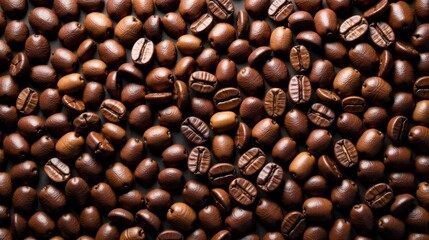 Fototapeta premium Aromatic Roasted Coffee Beans Abundantly Spread Across a Dark Surface, Rich Brown Hues and Subtle Shadows Create a Visually Appealing Texture