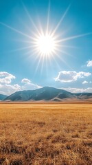 Fototapeta premium Field Sunburst Grassy Plains, Hill, Sunny Sky