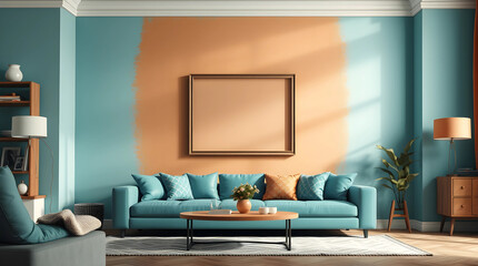 detailed textures and small,terracotta and teal mockup frame inside a living room