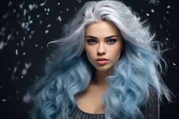 Fototapeta premium Close-up portrait of a young woman with blue hair dusted with snow. Fairy-tale image of a winter girl, Snow Maiden.