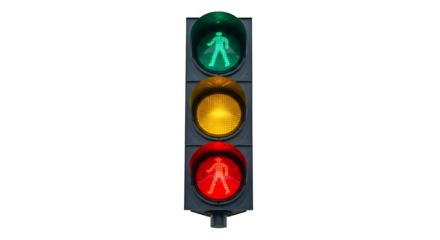 Pedestrian traffic light glows brightly against pale blue background. AI Generated