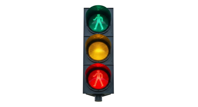 Pedestrian traffic light glows brightly against pale blue background. AI Generated