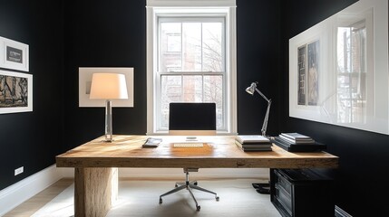Modern home office, natural wood desk, window light, minimalist decor, workspace