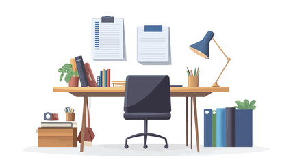 A digital illustration depicting a modern home office workspace. The scene features a wooden desk with a black office chair positioned centrally. On the desk are a laptop, a lamp, pencils