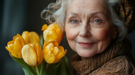 Elderly woman smiling and holding yellow tulips close up