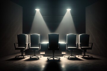 Several office chairs in a dark room are illuminated by beams of studio volumetric light. The concept of teamwork, leadership, success, job vacancy. AI generated.