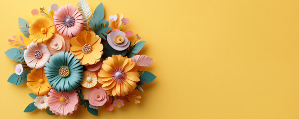 Obraz premium A vibrant bouquet of papercraft flowers set against a cheerful yellow backdrop, perfect for Valentine's Day, Mother's Day, or Women's Day cards with ample copy space.