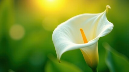 A single white arum lily basks in the warm glow of the setting sun, its delicate petals illuminated by the golden light, a serene symbol of natural beauty