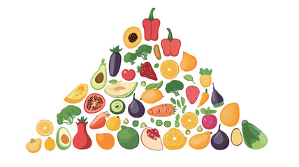 A digital illustration depicting a triangular arrangement of various fruits and vegetables. The fruits and vegetables are depicted in a cartoonish style with bright, saturated colors.  The