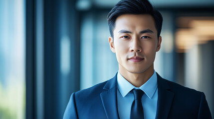 Young businessman exuding confidence in formal attire, embodying professionalism and determination.