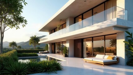 Fototapeta premium Modern minimalist house design with infinity pool and scenic mountain view