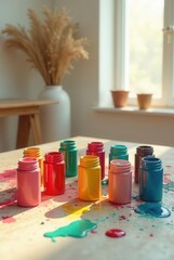 Artistic Colorful Paint Jars Spilled on a Table in a Sunlit Room