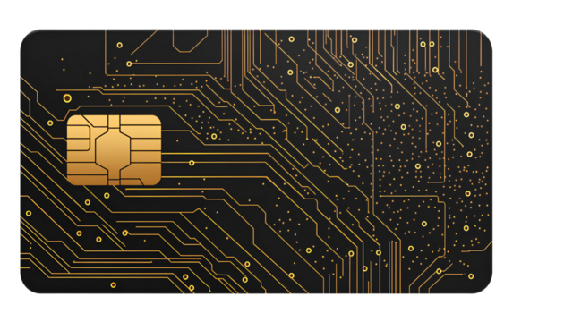 A black credit card with gold circuit lines, transparent background