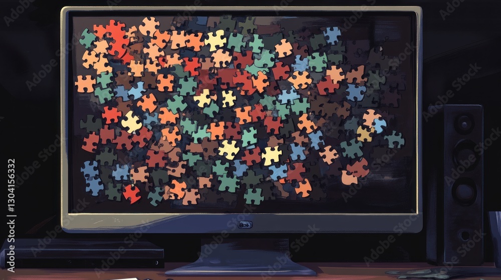 Fototapete Computer screen displaying a multitude of colorful jigsaw puzzle pieces.