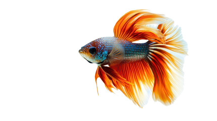 Goldfish and Siamese Fighting Fish Swimming in Clear Water with Orange and Gold Fins on White Background