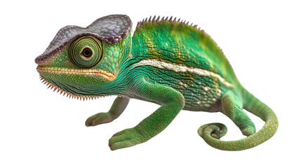 Fototapeta premium Colorful chameleon on white background, showcasing its vibrant scales and unique eyes