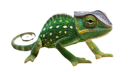 Fototapeta premium Colorful chameleon on white background, showcasing its vibrant scales and unique eyes