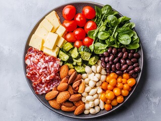 A vibrant platter of fresh ingredients including cheese, olives, and vegetables.