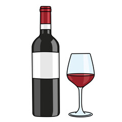 Bottiglia e bicchiere con vino rosso. Disegno simpatico stile fumetto vettoriale editabile	