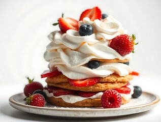 Layered Strawberry Shortcake Adorned with Whipped Cream and Fresh Berries, Beautifully Styled for a Fresh and Indulgent Dessert Experience - dessert stock-image