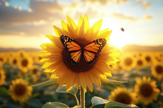 Monarch butterfly resting on bright sunflower in a golden field during sunset