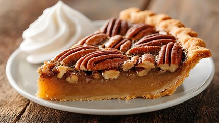 Delicious pecan pie slice topped with whipped cream on a wooden table.