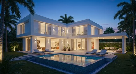Fototapeta premium Modern luxury villa with swimming pool at dusk