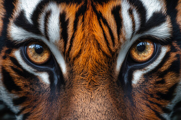  tiger's eyes are open and staring at the camera. The eyes are large and yellow, giving the tiger a fierce and intense look