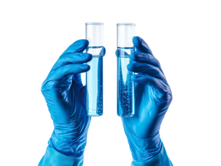 chemist hands with blue gloves holding test tubes