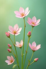 Obraz premium Delicate Pink Blossoms on Slender Green Stems, a Botanical Study of Gentle Beauty and Natural Elegance