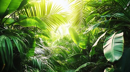 Lush Green Tropical Jungle with Sunlight Streaming Through