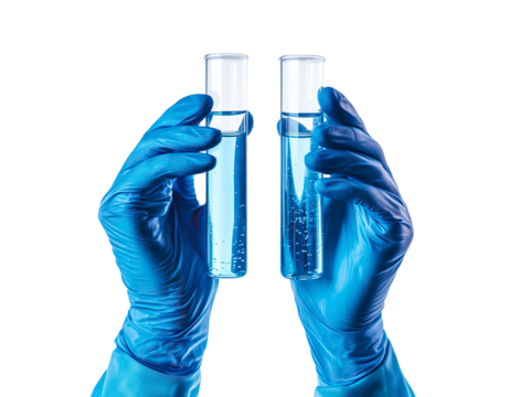 chemist hands with blue gloves holding test tubes