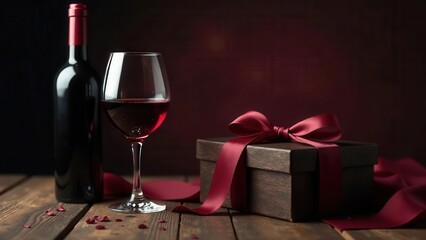 Romantic evening scene featuring a bottle of red wine, a glass of wine, and a gift box tied with a luxurious ribbon.