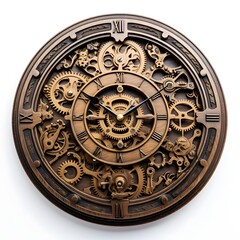 Obraz premium Intricate Wooden Wall Clock with Exposed Gears and Vintage Mechanism