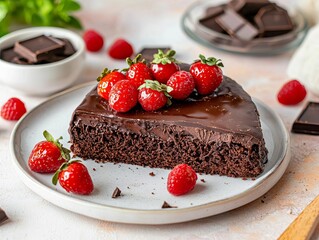 Delicious chocolate cake topped with fresh strawberries and dark chocolate pieces.