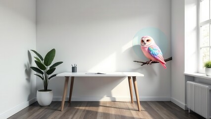 Serene Workspace with Pastel Owl Wall Decor Featuring a Minimalist Desk and Greenery
