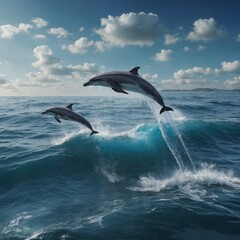 Dolphins jumping out of the water. Two dolphins jumping in the sea with an open ocean background.Playful Dolphins in the Ocean (Delphinus delphis) Dolphins jumping up from the ocean, sea life animals