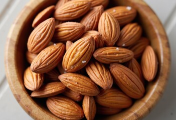 Fototapeta premium Pile of raw almonds on a wooden surface