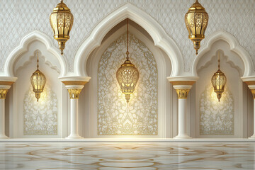 Fototapeta premium large, ornate room with gold accents and white walls. The room is decorated with several lamps, including one hanging from the ceiling and others placed on the walls. Scene is elegant and luxurious