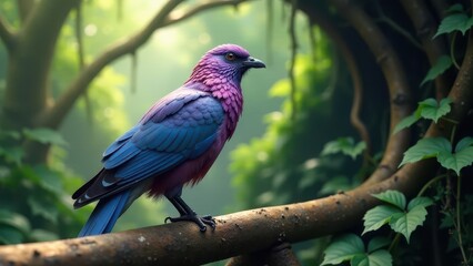 Obraz premium Vibrant plumage bird perched on a branch in a lush, verdant forest, bathed in soft sunlight